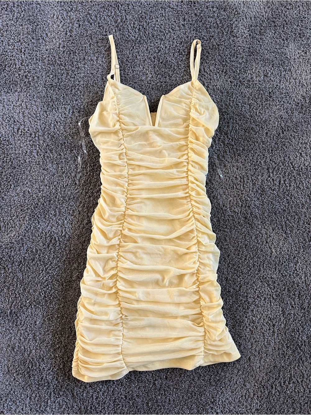 Yellow Ruched Spaghetti Strap Dress